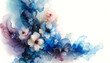 abstract paint white sakura flower branch with blue and pink fluid ink on a white background and copy space.