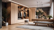 © tynza - Scandi style wardrobe interior with wooden furniture in modern house.