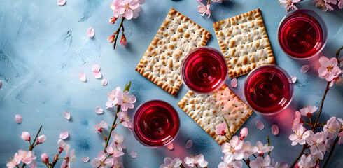 Wall Mural - Matzah and red kosher wine in glass on blue background with spring flowers. Passover celebration concept. Jewish Pesach holiday with traditional ritual bread. Greeting card or banner with copy space