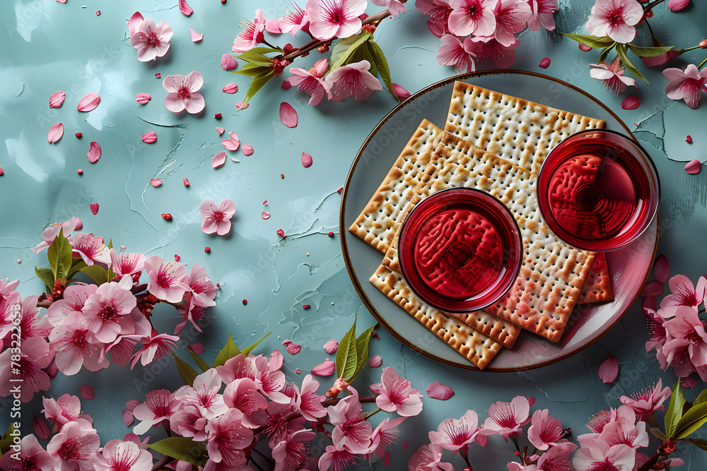 Happy Matza Matzah and spring flowers on light blue background. Jewish holiday ...