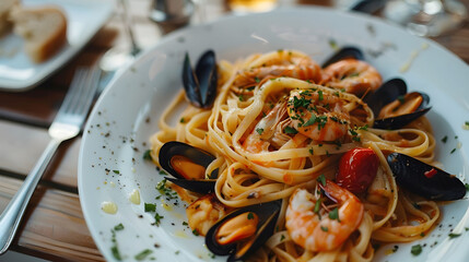 A plate of spaghetti with shrimp and mussels