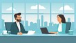 illustration shows two business people sitting at a table having an interview, with an office background featuring a cityscape Generative AI