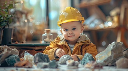 Wall Mural - banner background National Geologist Day theme, and wide copy space, An adorable scene of a baby geologist playing with miniature rock samples and tools