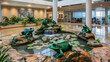 Spacious lobby with a grand fountain as its centerpiece. Surrounding the fountain are intricate frog statues, adding to the elegant ambiance
