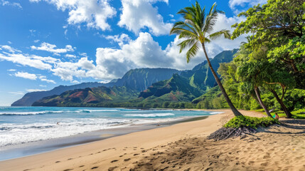 Wall Mural - A sandy beach with palm trees lining the shore, set against a backdrop of majestic mountains in the distance