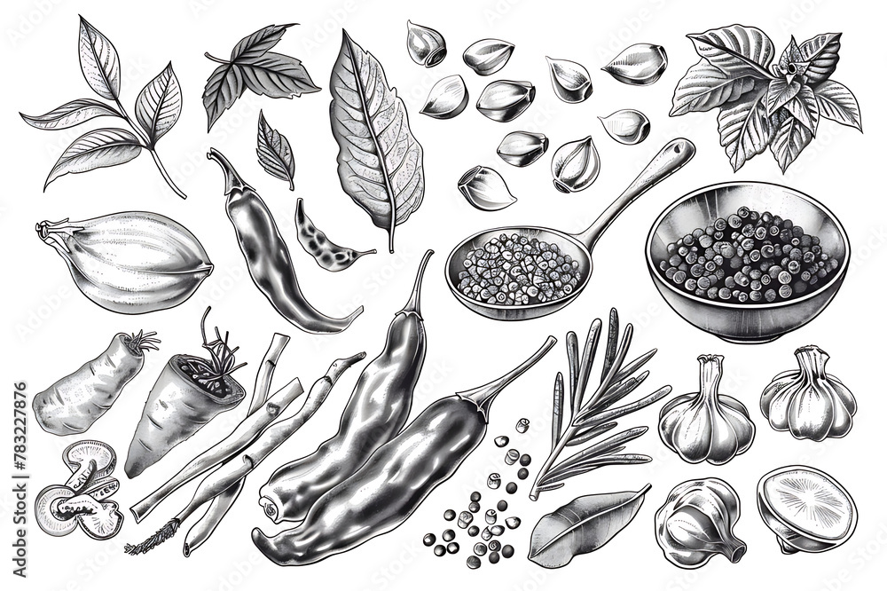 Drawing Black white ink style set of spices commonly used in Thai ...