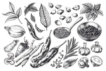 Drawing Black white ink style set of spices commonly used in Thai cuisine on white background. Clipping path included.