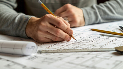 an individual architect engrossed in the process of drafting architectural blueprints