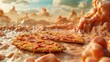 Imagine a 3D model of a pizza floating in a surreal landscape where the ground is made of swirling Konnado ingredients