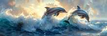 Playful Dolphins Jumping Over Breaking Waves,
Dolphins In The Ocean At Sunset
