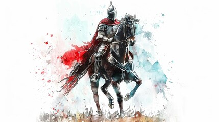  Horse knight standing proud in armor, illustrated in watercolor against a white backdrop