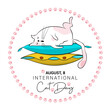 Round Label for the international cat day on August 8. Funny cartoon cat sleeping on a pile of colored pillow. Happy animals Print to greeting card, poster, flyer