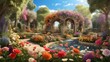 Beautiful, bucolic background with a plethora of flowers in a garden of eden, rendered in three dimensions.