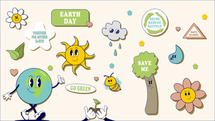 Set of vintage groovy earth planet characters and elements for posters, designs, stickers.  Cute retro characters Earth Day concept. Love and save the planet. Vector.