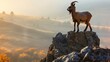Mountain Majesty: Lone Goat Surveying the Horizon from a High Rock - A Super Realistic Image Capturing a Majestic Goat Standing Atop a Rugged Mountain Rock, Gazing into the Distance.