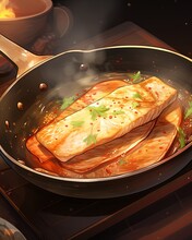 A pan-seared fillet of fish sizzling in a hot skillet