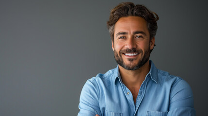 Wall Mural - Happy young smiling confident professional business man wearing blue shirt, pretty stylish male executive looking at camera, standing arms crossed at grey background concept.