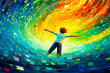 Abstract colorful painting of kid,child floating in fantasy sky with color splash.magical and dreamy background style.inspiration and imagination ideas