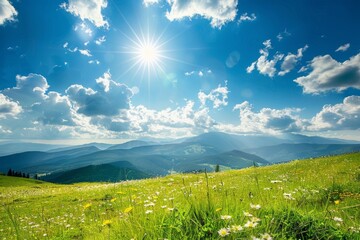 scenic mountain landscape on a bright and sunny day with clear blue sky and lush greenery