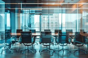 Spacious conference room with numerous chairs around table behind glass partition