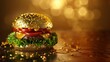 A gold-plated hamburger with lettuce and tomato on top