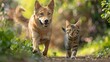 A dog and a cat are running together in a field