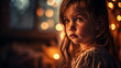 Thoughtful child with a serious expression indoors with warm bokeh lights. Close-up portrait with a soft focus background. Childhood contemplation and innocence concept.