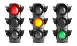 Fototapeta  - Trio of vertical traffic lights displaying red, yellow, and green signals, cut out
