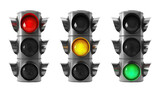 Fototapeta  - Trio of vertical traffic lights displaying red, yellow, and green signals, cut out