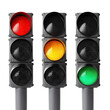 Trio of vertical traffic lights displaying red, yellow, and green signals, cut out