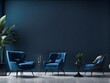 Blue livingroom - modern interior and rich furniture design. Mockup for art - empty painted navy dark black wall. Deep cobalt chair and blank cyan background. Luxury premium lounge hall. 3d render