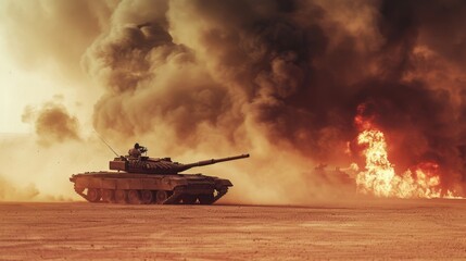 Armored tank crossing minefield in desert war invasion, epic scene of fire and chaos, poster design