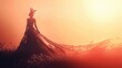 banner background International Beauty Pageant Day theme, and wide copy space, Silhouette of a woman in a flowing dress with a crown above her head, set against a plain backdrop, 