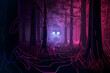 Neon wireframe of a mysterious forest with glowing eyes isolated on black background.
