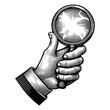 hand holding a magnifying glass, symbolizing search, scrutiny, and discovery sketch engraving generative ai fictional character PNG illustration. Scratch board imitation. Black and white image.