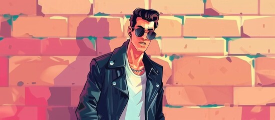 Wall Mural - Wearing sunglasses and a leather jacket, a man stands confidently in front of a textured brick wall.