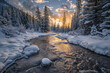 a winter scene of a frigid stream flowing through a forest and a glowing sky in the background