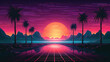 Road to horizon in synthwave style. 80s styled purple and blue synthwave highway landscape.