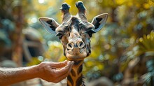 Banner Background International Zoo Lover Day Theme, And Wide Copy Space, A Close-up Of A Person's Hand Feeding A Giraffe At The Zoo, For Banner,