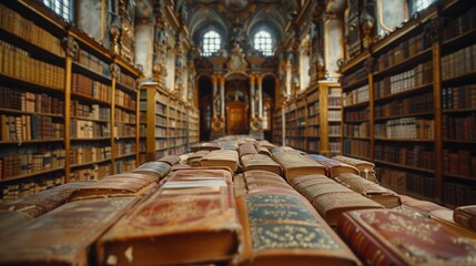 Wall Mural - A library with many books on wooden bookshelves