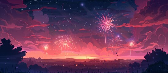 Poster - Vivid and dynamic fireworks illuminate the dark sky in a dazzling display of colors and shapes