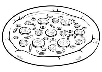 Wall Mural - Round pizza coloring PNG illustration. Isolated image on white background. Comic book style imitation.