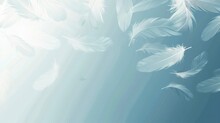 A Soft Blue Background With White Feathers Floating In The Air