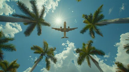 Wall Mural - from below palm trees ,plane on the sky, summer