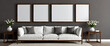 Living room wall art mockup, multiple frames, dark gray wall, dark wood frame, wide image