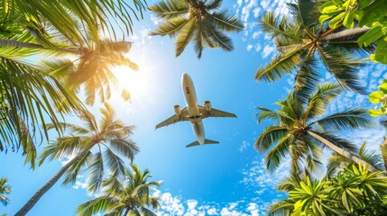 from below palm trees ,plane on the sky, summer