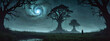 
Mysterious tree in the middle of the night surrounded by fog. The tree is massive. A person is in the middle. Arrival of aliens. Generative AI.