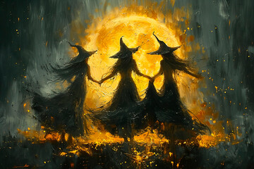 Canvas Print - Paint art of witches dancing by the bonfire in mystery forest. AI generative