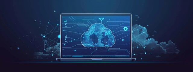 Wall Mural - futuristic cloud computing and network interface on laptop screen. a modern laptop displaying a dyna