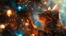 A Cat Looking Up At A Decorated Christmas Tree, Perfect For Holiday Designs